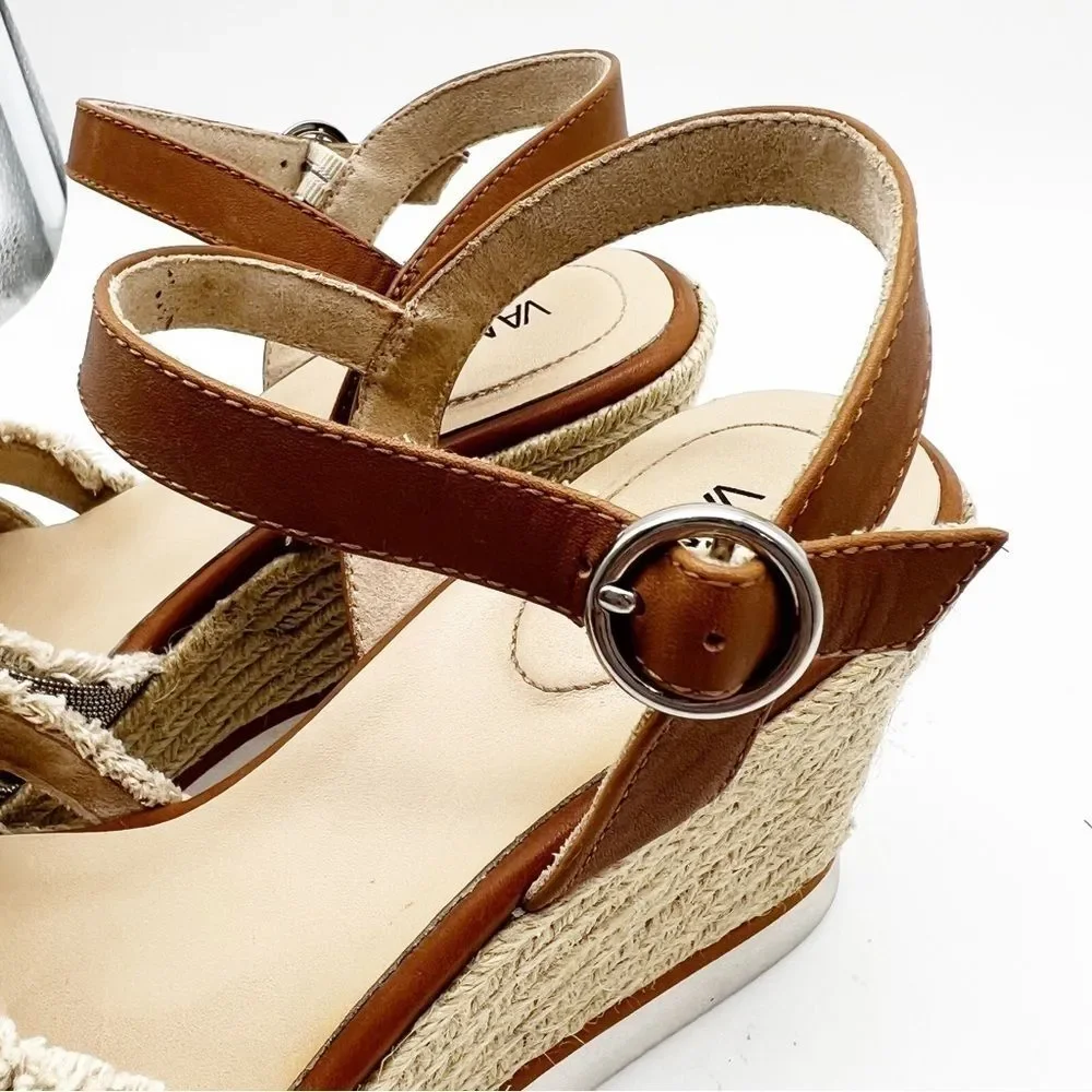 Vaneli Caila Tan Natural Canvas Silver Beaded Espadrille Wedge Boho Sandal 9.5